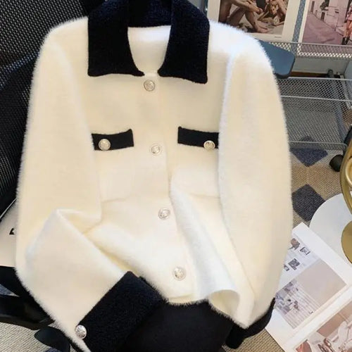 Load image into Gallery viewer, Autumn Winter Retro Sweet Pink White Patchwork Elegant Knitted Cardigan Tops Women French Single Breasted Long Sleeve Sweaters
