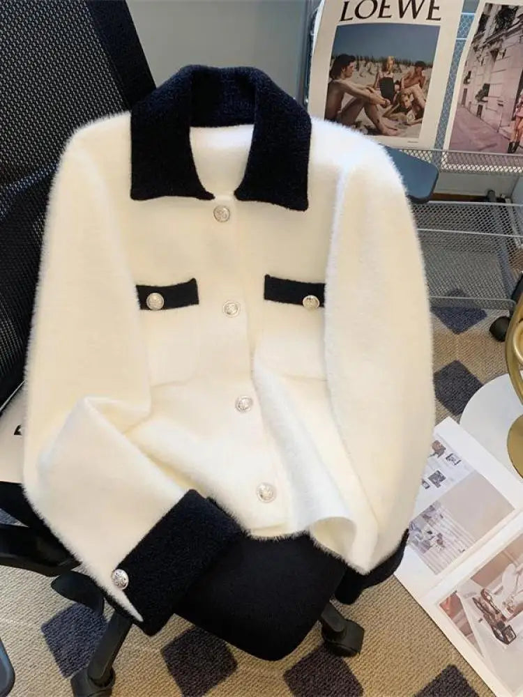 Autumn Winter Retro Sweet Pink White Patchwork Elegant Knitted Cardigan Tops Women French Single Breasted Long Sleeve Sweaters