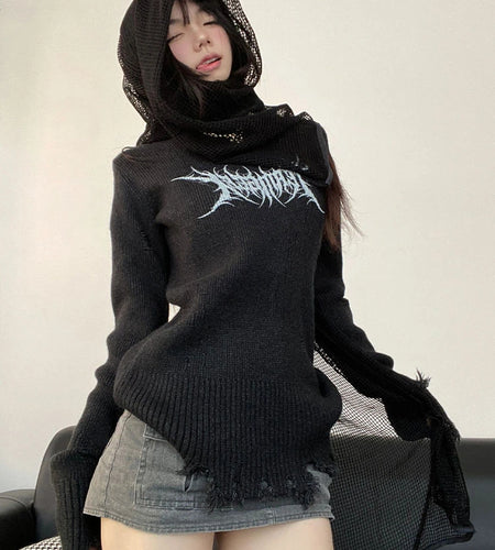 Harajuku Vintage Grunge Printing Sweaters Women Y2k Aesthetic Turtleneck Hole Jumpers 2025 Streetwear Casual Gothic Pullovers