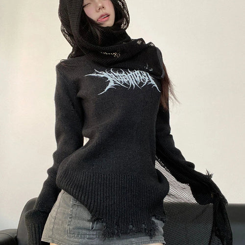 Load image into Gallery viewer, Harajuku Vintage Grunge Printing Sweaters Women Y2k Aesthetic Turtleneck Hole Jumpers 2025 Streetwear Casual Gothic Pullovers
