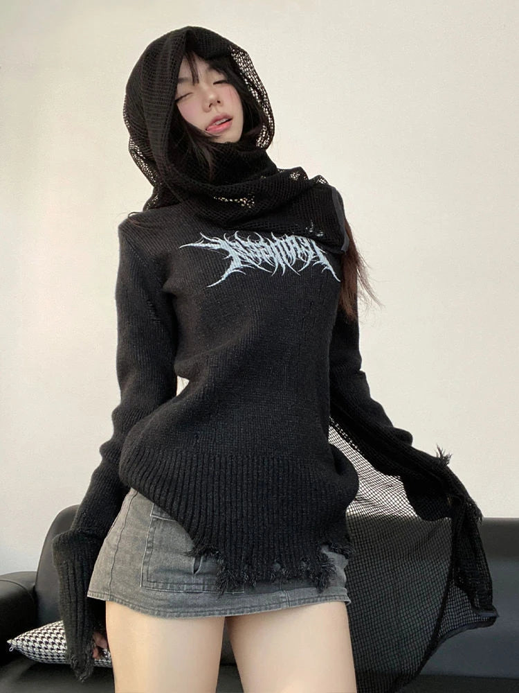 Harajuku Vintage Grunge Printing Sweaters Women Y2k Aesthetic Turtleneck Hole Jumpers 2025 Streetwear Casual Gothic Pullovers