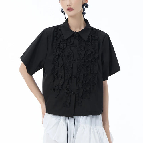 Load image into Gallery viewer, Women Red Ruffles Drawstring Big Size Elegant Blouse New Lapel Short Sleeve Shirt Fashion Tide Spring Summer 2025 1DJ1606
