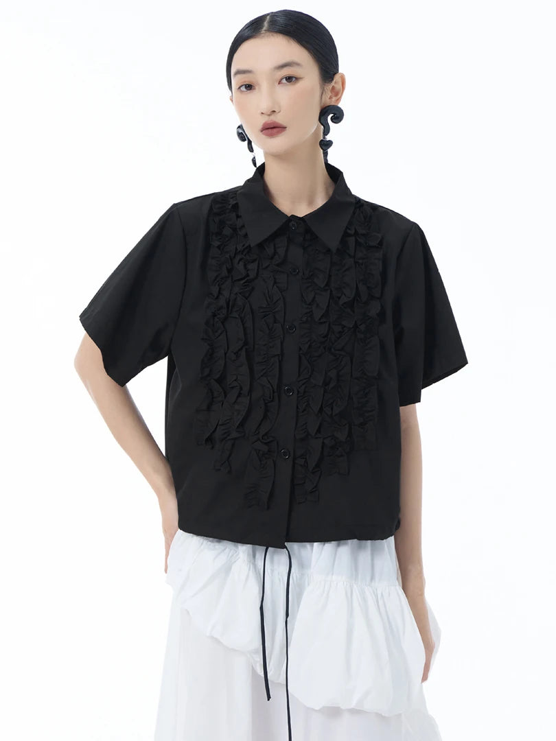 Women Red Ruffles Drawstring Big Size Elegant Blouse New Lapel Short Sleeve Shirt Fashion Tide Spring Summer 2025 1DJ1606