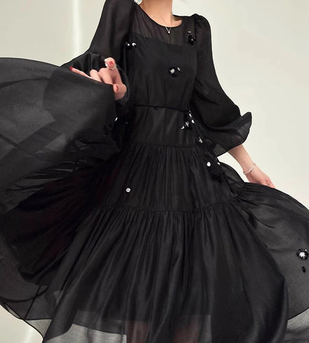 Solid Spliced Sequines Loose Dresses For Women O Neck Long Sleeve High Waist Temperament Dress Female Fashion New