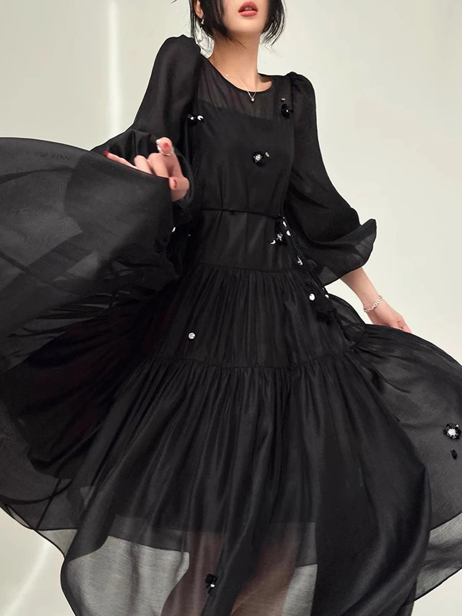 Solid Spliced Sequines Loose Dresses For Women O Neck Long Sleeve High Waist Temperament Dress Female Fashion New