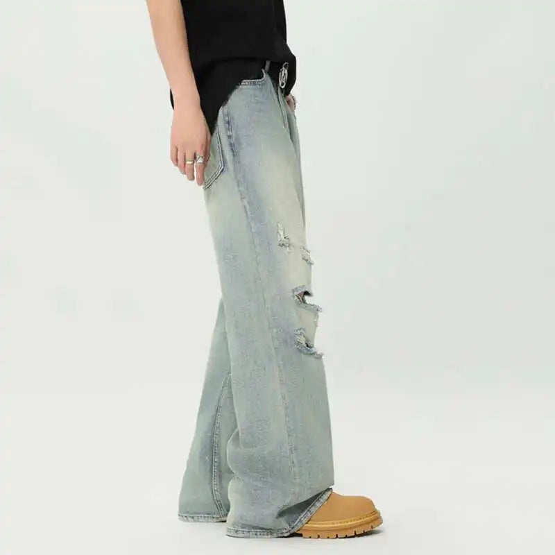 High Street Men's Jeans Straight Loose Hole Solid Color Worn-out Men Denim Pants 2024 Autumn New Male Trousers Women 9C6631