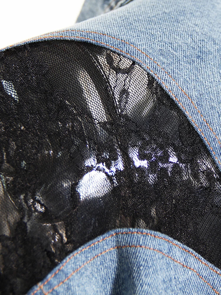 Loose Fit Blue Denim Lace Big Size Casual Jacket New Lapel Long Sleeve Women Coat Fashion Tide Spring Autumn 2025 1DH1698