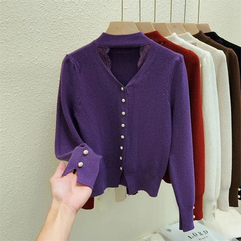 Autumn Winter Solid Lace Hollow Out Single Breasted Velvet Sweater Korean Fashion Women Warm Knitwear Long Sleeve Pullovers Tops