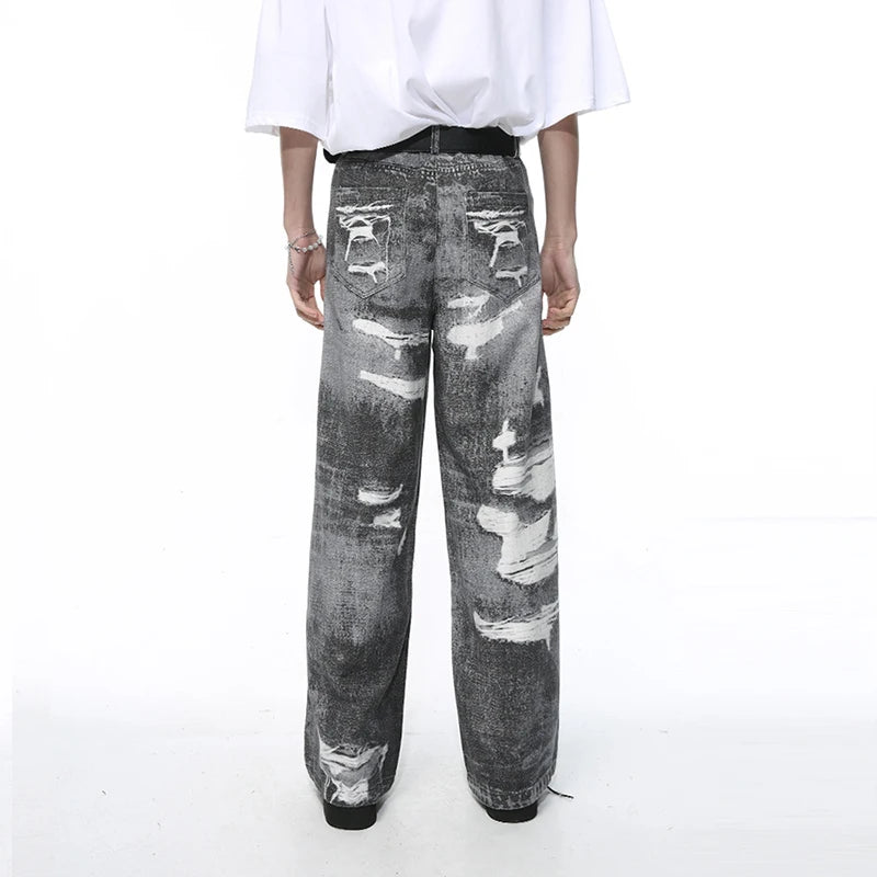 Men's Jeans Summer New Fashion Streetwear Style Hole Worn-out Design Loose Washed Male Denim Pants Straight 9C5394