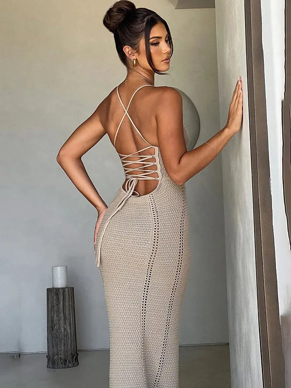 Women's Knitted Sweater Dress, Hollow Out Dress, Sexy Lace Up, Large Open Back, Evening Party, Club, New, 2024, Summe