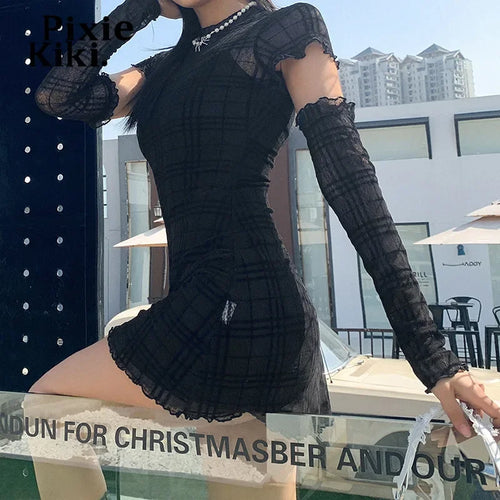 Load image into Gallery viewer, Black Mesh Plaid Dress 3 Piece Set Dark Academia Mall Goth Sexy Bodycon Mini Dress Egirl Style Clothes P94-CH29
