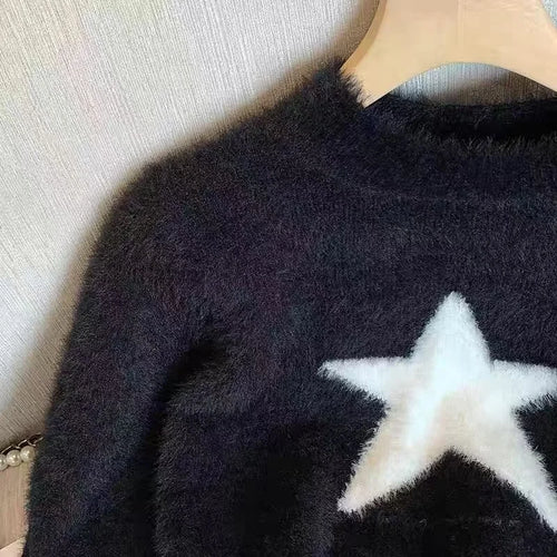 Load image into Gallery viewer, Autumn Winter Black Star Imitation Mink Long Sleeves Knitted Sweater French Fashion Women's Elegant Versatile Pullover Tops Chic
