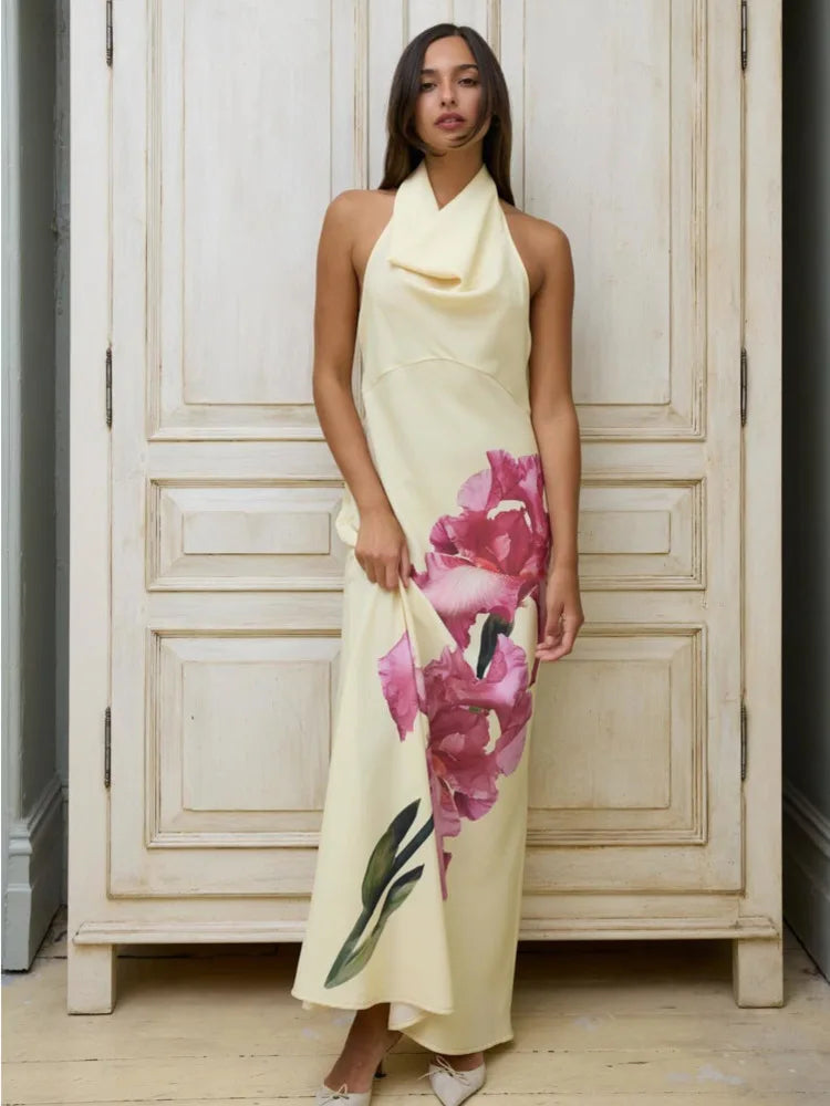 Sexy Backless Printed Swing Neck Dress For Women Slim Elegant Evening Dress Female Classical Temperament Maxi Party 2024