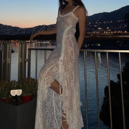 Load image into Gallery viewer, Sexy Lace Print High Split Women's Dress Slim Fit Open Back Transparent Lace up Female Midi Dress Party Club Vestidos
