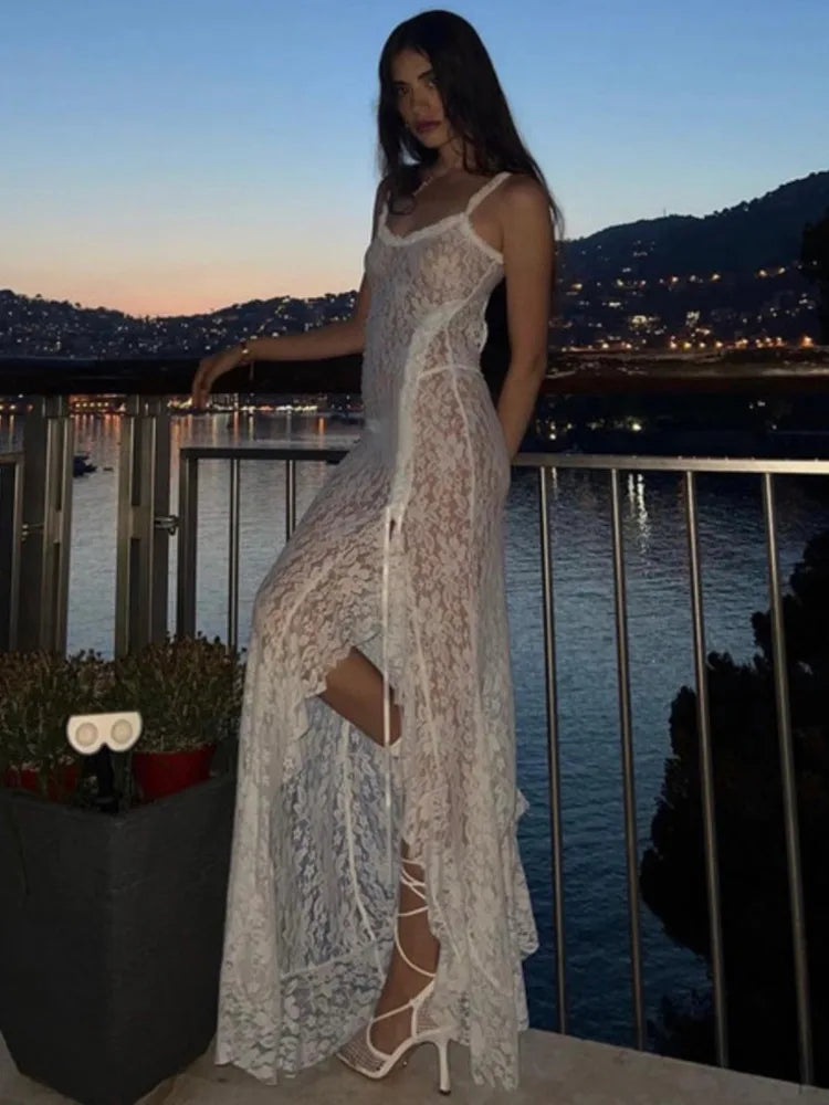 Sexy Lace Print High Split Women's Dress Slim Fit Open Back Transparent Lace up Female Midi Dress Party Club Vestidos