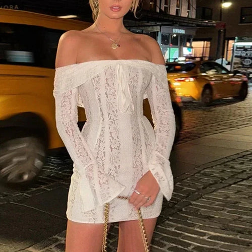 Load image into Gallery viewer, Floral Lace White Long Sleeve Dress Sexy Clubbing Off Shoulder Backless Mini Dresses for Women Fall 2024 C92-FB31
