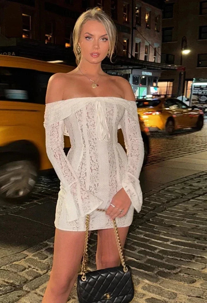 Floral Lace White Long Sleeve Dress Sexy Clubbing Off Shoulder Backless Mini Dresses for Women Fall 2024 C92-FB31