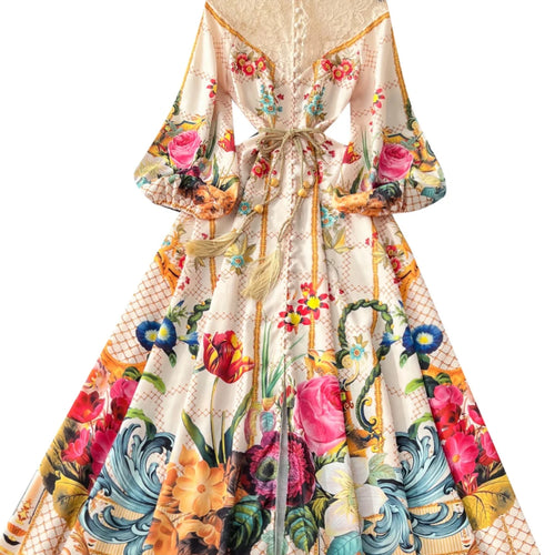 Load image into Gallery viewer, French Retro Women Black Beige Print Patchwork Lace Elegant Long Sleeves Princess Dress Boho Slim Evening Party Dress Spring New
