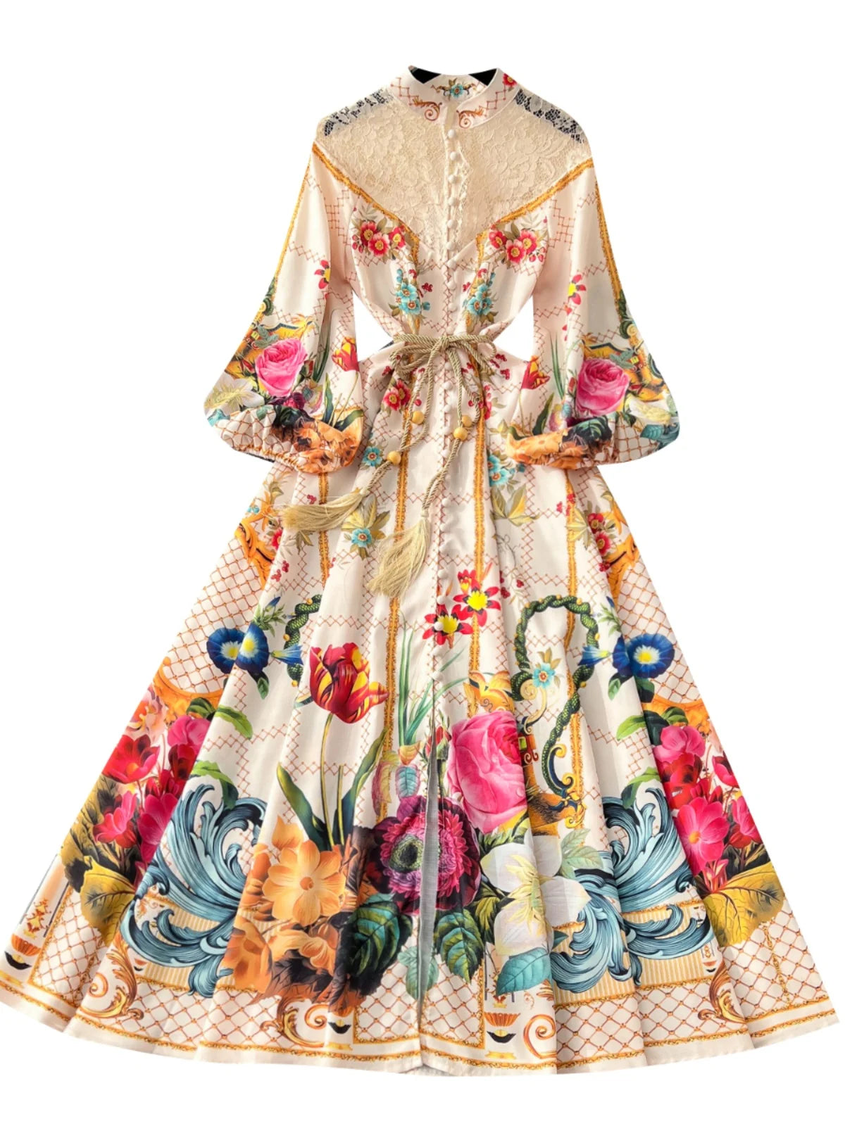 French Retro Women Black Beige Print Patchwork Lace Elegant Long Sleeves Princess Dress Boho Slim Evening Party Dress Spring New