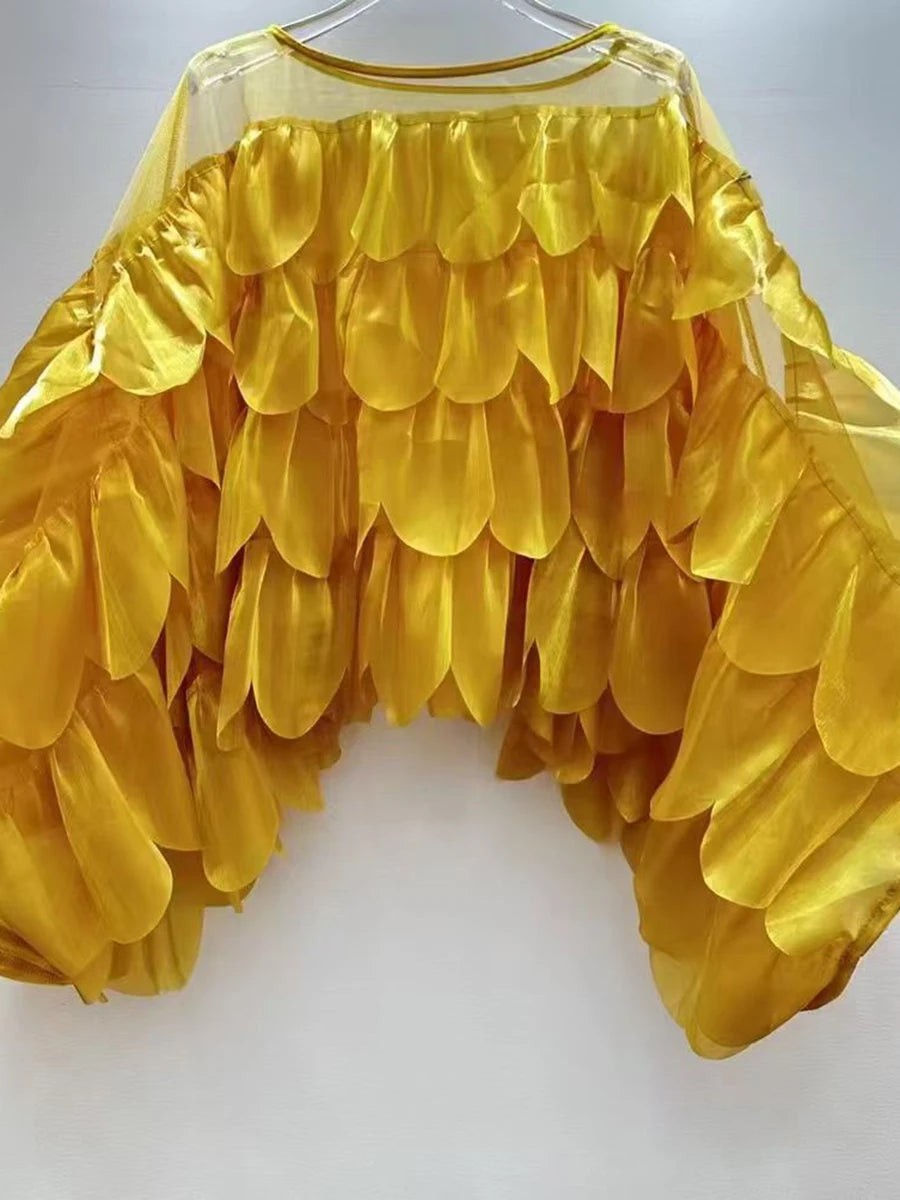 Solid Sheer Spliced Ruffles Folds Fashion Blouses for Women Round Neck Long Sleeves Elegant Blouse Female Clothing