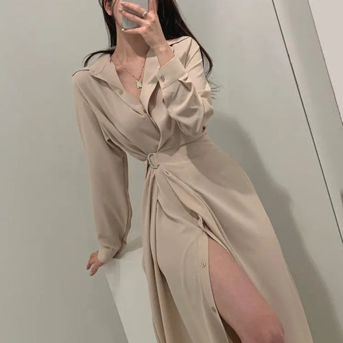 Load image into Gallery viewer, Office Ldies Black Shirt Dresses Women Korean Kpop Fashion Wrap Belt Dress Vintage Elegant Split Solid Spring
