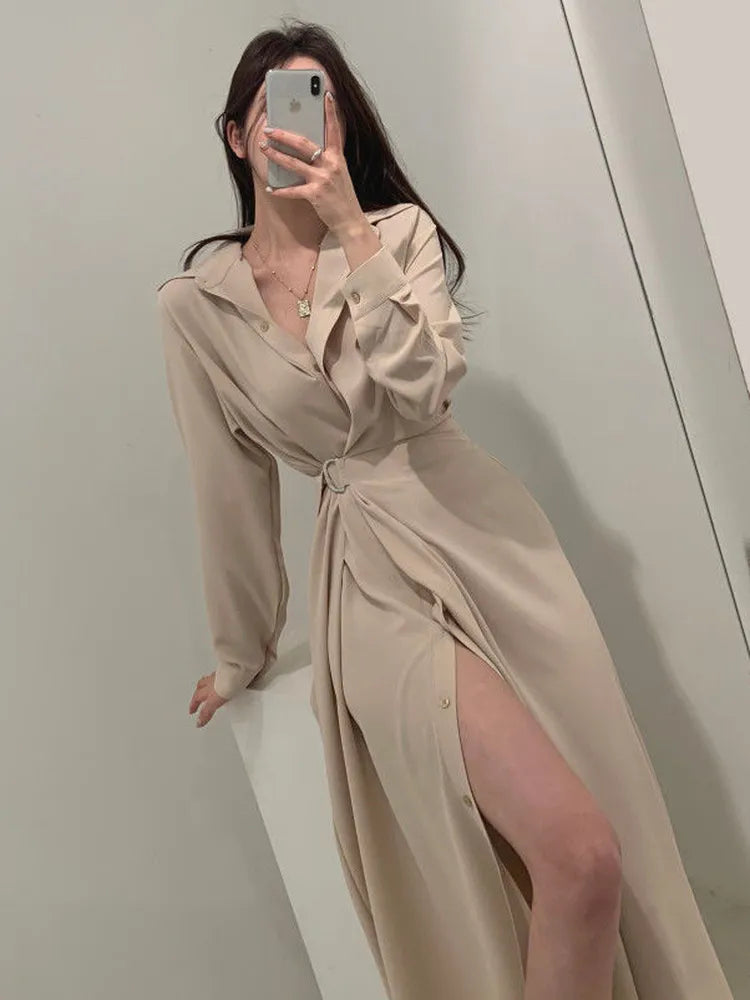 Office Ldies Black Shirt Dresses Women Korean Kpop Fashion Wrap Belt Dress Vintage Elegant Split Solid Spring