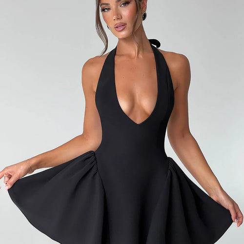 Load image into Gallery viewer, Halter Solid V Neck Backless Bandage Sexy Bodycon Mini Pleated Dress Winter Elegant Women Outfit Evening Party Festival
