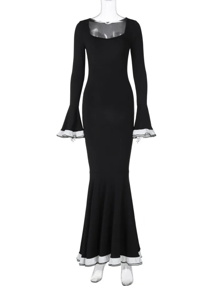 Flare Sleeve Sexy Bodycon Elegant Long Sleeve Maxi Dress Women High Waist Square Collar Evening Dress Female Clothes