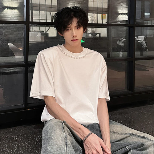 Load image into Gallery viewer, Men's T-shirts Short Sleeve Trendy Round Neck Rivet Pearl Design New Summer Korean Style Pullover Male Loose Tees 9W1913
