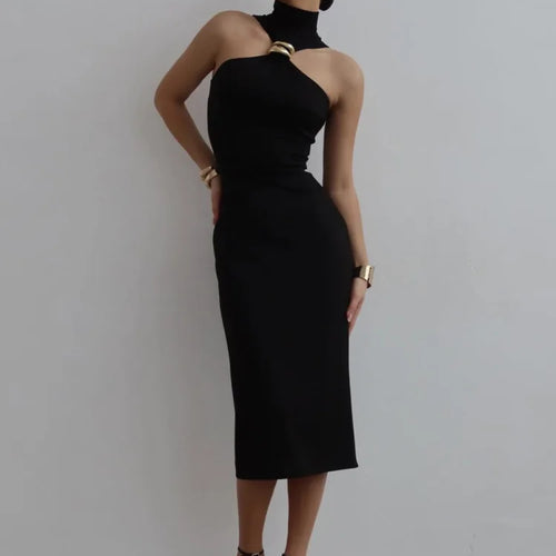 Load image into Gallery viewer, Turtleneck Off-shoulder Sexy Maxi Dress Women Gown Summer New Ring Metal Sleeveless Backless Skinny Knit Long Dress
