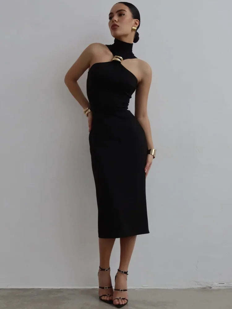 Turtleneck Off-shoulder Sexy Maxi Dress Women Gown Summer New Ring Metal Sleeveless Backless Skinny Knit Long Dress
