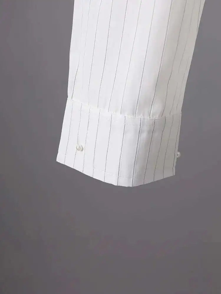 Women White Striped Pearl Big Size Elegant Blouse New Lapel Long Sleeve Shirt Fashion Tide Spring Autumn 2025 CPG2906