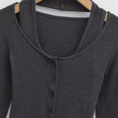 Load image into Gallery viewer, Y2k Sexy Fake Two Pieces Set Long Sleeve Halter Top Women Solid Skinny Patchwork Basic Tee Shirts Korean Fashion  Tshirts
