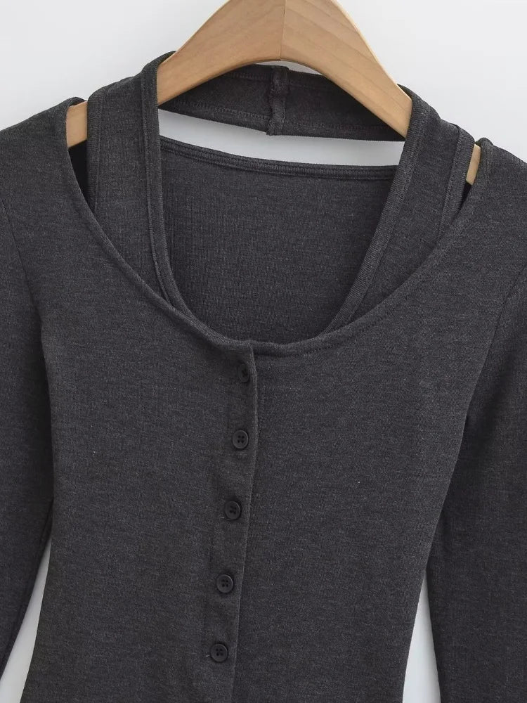 Y2k Sexy Fake Two Pieces Set Long Sleeve Halter Top Women Solid Skinny Patchwork Basic Tee Shirts Korean Fashion  Tshirts