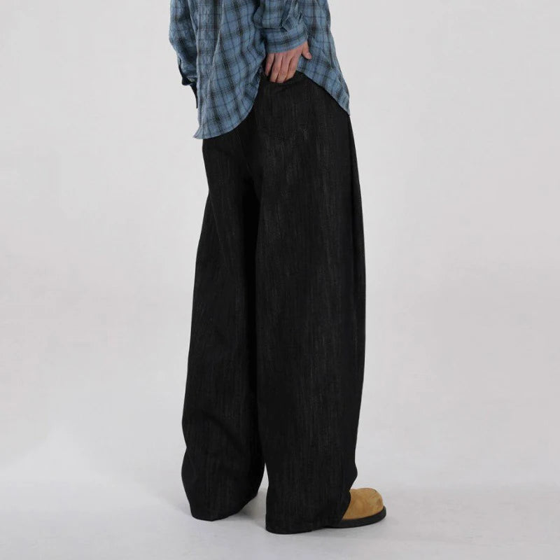 Minimalist Men's Denim Pants Casual Straight Wide Leg Loose Solid Color Male Jeans Loose Pockets Bottom Stylish 9C6611