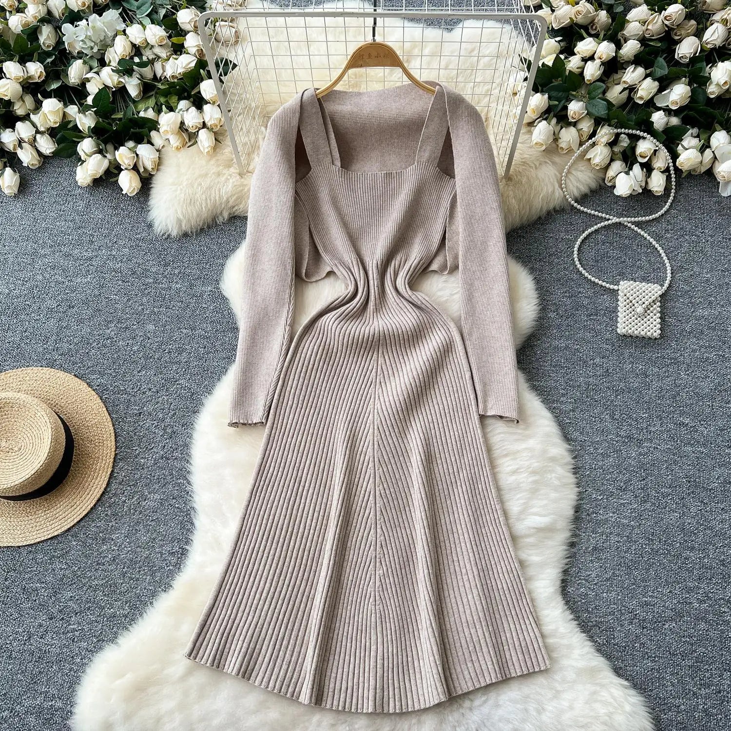 Autumn Winter Korean Women's Temperament Two Piece Set Beige Khaki Long Sleeved Shawl Cardigan Tops And Knitted Slip Dress Suit