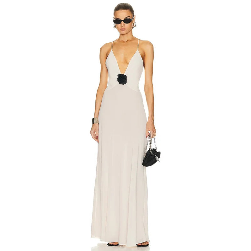 Deep V Neck Tie Flower Backless Maxi Dress Women New Spaghetti Strap Sleeveless Long Dress Elegant Sexy Club Slipdress