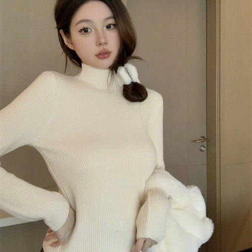 Load image into Gallery viewer, Solid Warm Elegant Fashion Half Turtleneck Sweater Women 2023 Autumn Winter Vintage Basic Long Sleeve Plush Pullover Tops Simple
