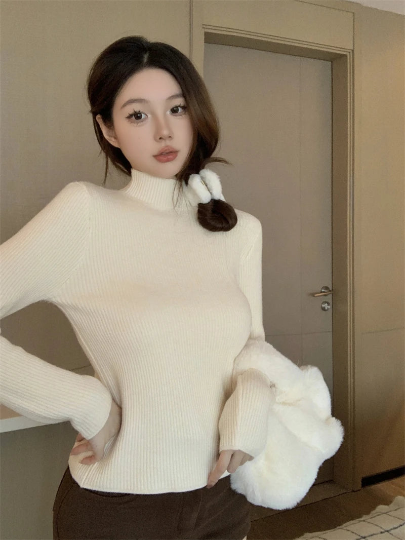 Solid Warm Elegant Fashion Half Turtleneck Sweater Women 2023 Autumn Winter Vintage Basic Long Sleeve Plush Pullover Tops Simple