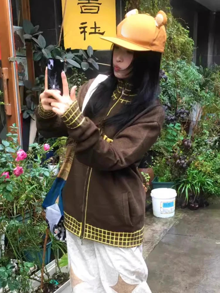 Y2k Aesthetic Vintage Knitted Plaid Cardigans Star Jacquard Tassel Zipper Sweater Coats Loose Women Grunge Harajuku Ins Knitwear