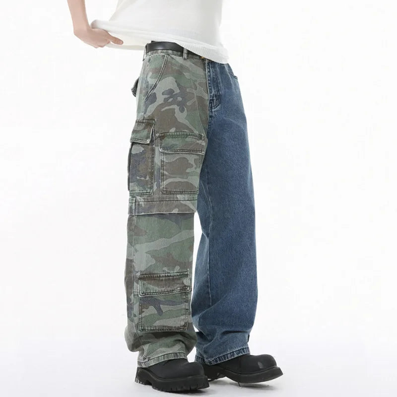 Men Jeans Niche Personalized Camouflage Splicing Two Color Fashion Multi Pockets Loose High Street Denim Pants 9W1679