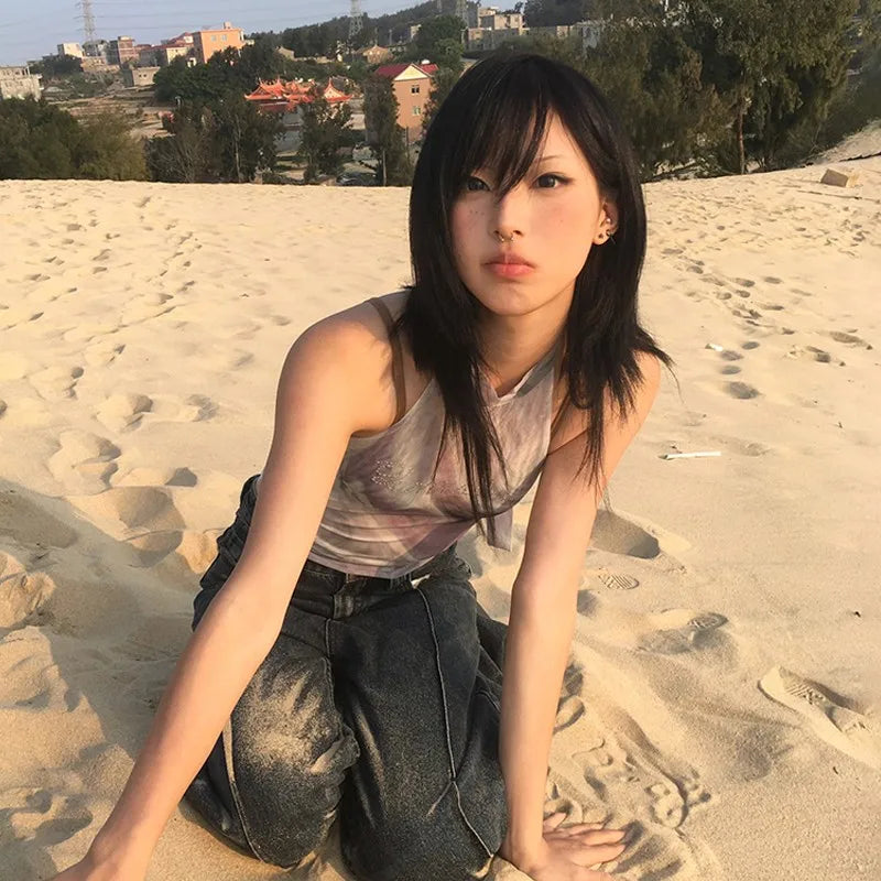 Japanese Y2k Halter Tops Vintage 2000s Style Diamond Tank Top Harajuku Tie-dye Backless Crop Top Korean Popular Tanktop