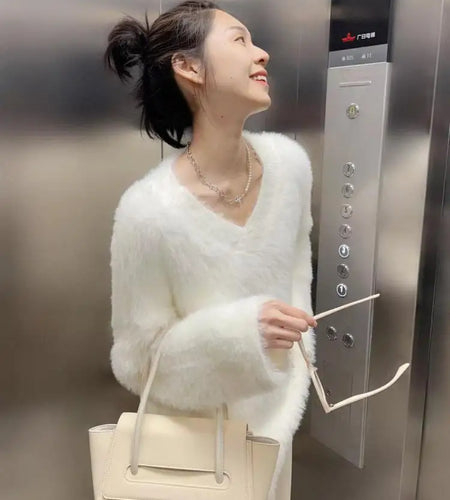 French 2024 Autumn Winter White Loose Vacation Mink Sweater Women V-neck Knitwear Office Lady Pullover Long Sleeve Tops Clothes