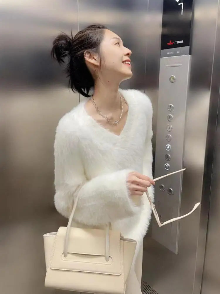 French 2024 Autumn Winter White Loose Vacation Mink Sweater Women V-neck Knitwear Office Lady Pullover Long Sleeve Tops Clothes