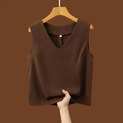 Load image into Gallery viewer, Women Summer Black White Festival Tank Tops Casual Brown Beige Lady V-neck Sleeveless Versatile Short Vest Clothing Simplicity
