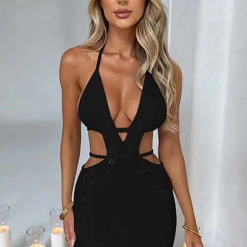 Load image into Gallery viewer, Hollow Out Halter Sexy Mini Dress Women Summer New Sleeveless Backless Skinny Club Party Knit Tank Dress Vestido
