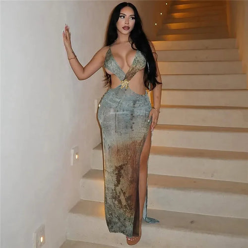 Load image into Gallery viewer, Halter Deep V Neck Print Sexy Maxi Dress For Women Gown Summer New Hollow Out Sleeveless Backless Beach Long Dress
