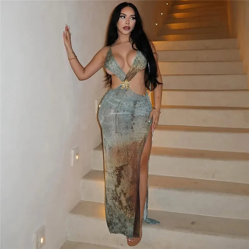 Halter Deep V Neck Print Sexy Maxi Dress For Women Gown Summer New Hollow Out Sleeveless Backless Beach Long Dress