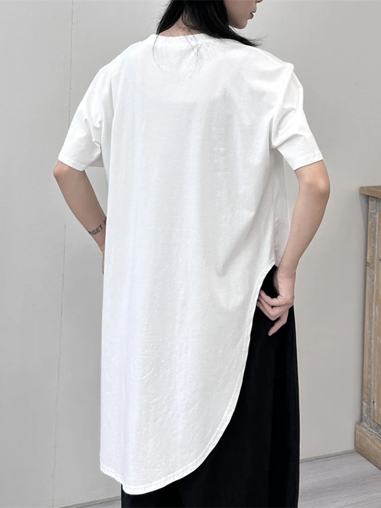 Women White Irregular Hem Big Size Casual T-shirt New Round Neck Short Sleeve Fashion Tide Spring Summer 2025 1DJ1676