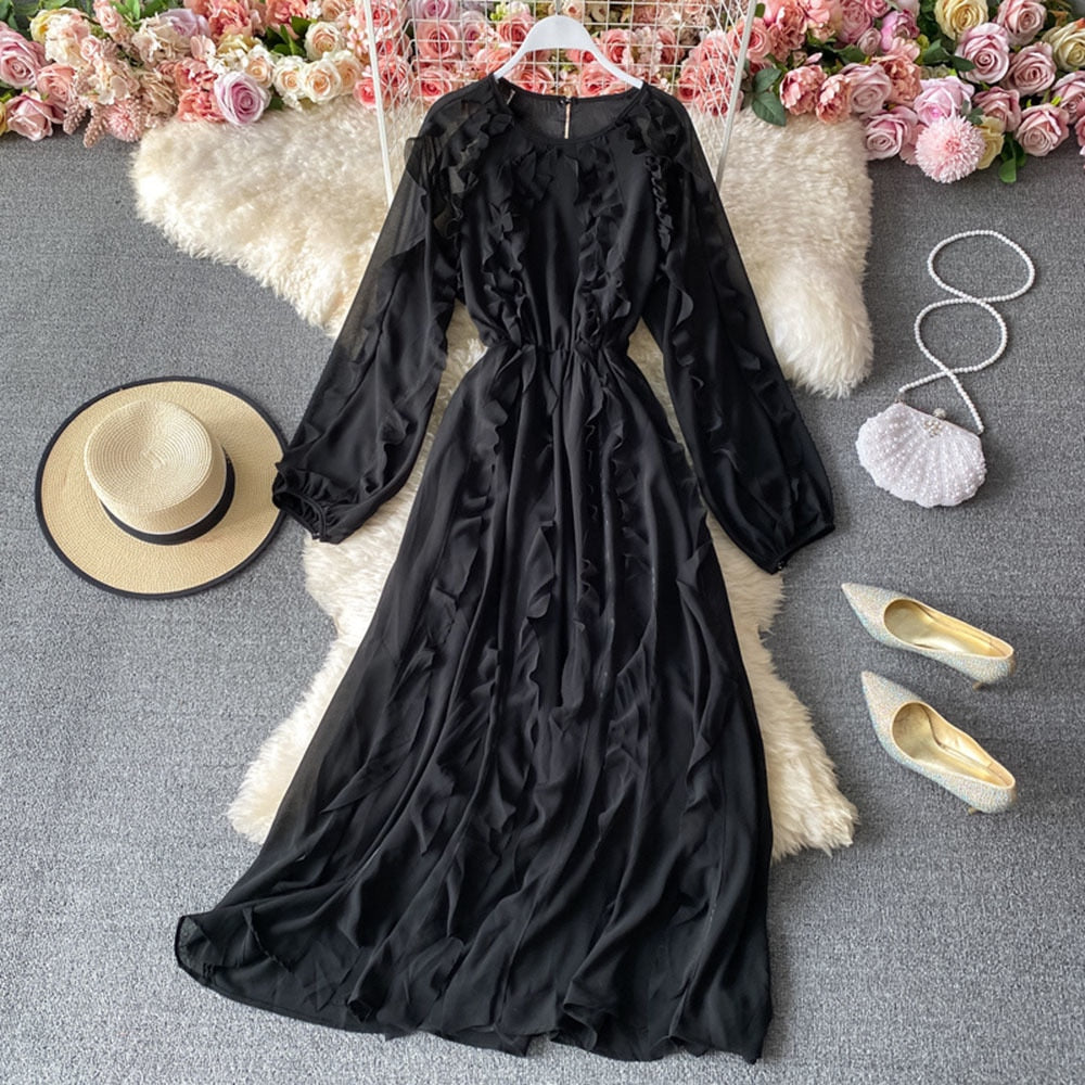 Temperament Pullover Dress Women V Neck Long Sleeve High Waist Spliced Edible Tree Fungus Dresses Female Clothes